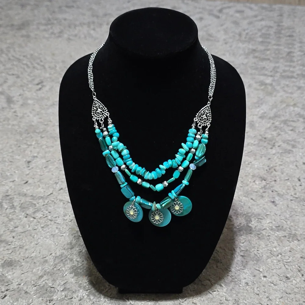 NEW Blue Turquoise Multi Strand Tiered Statement Necklace, Boho, Southwestern - Picture 3 of 12